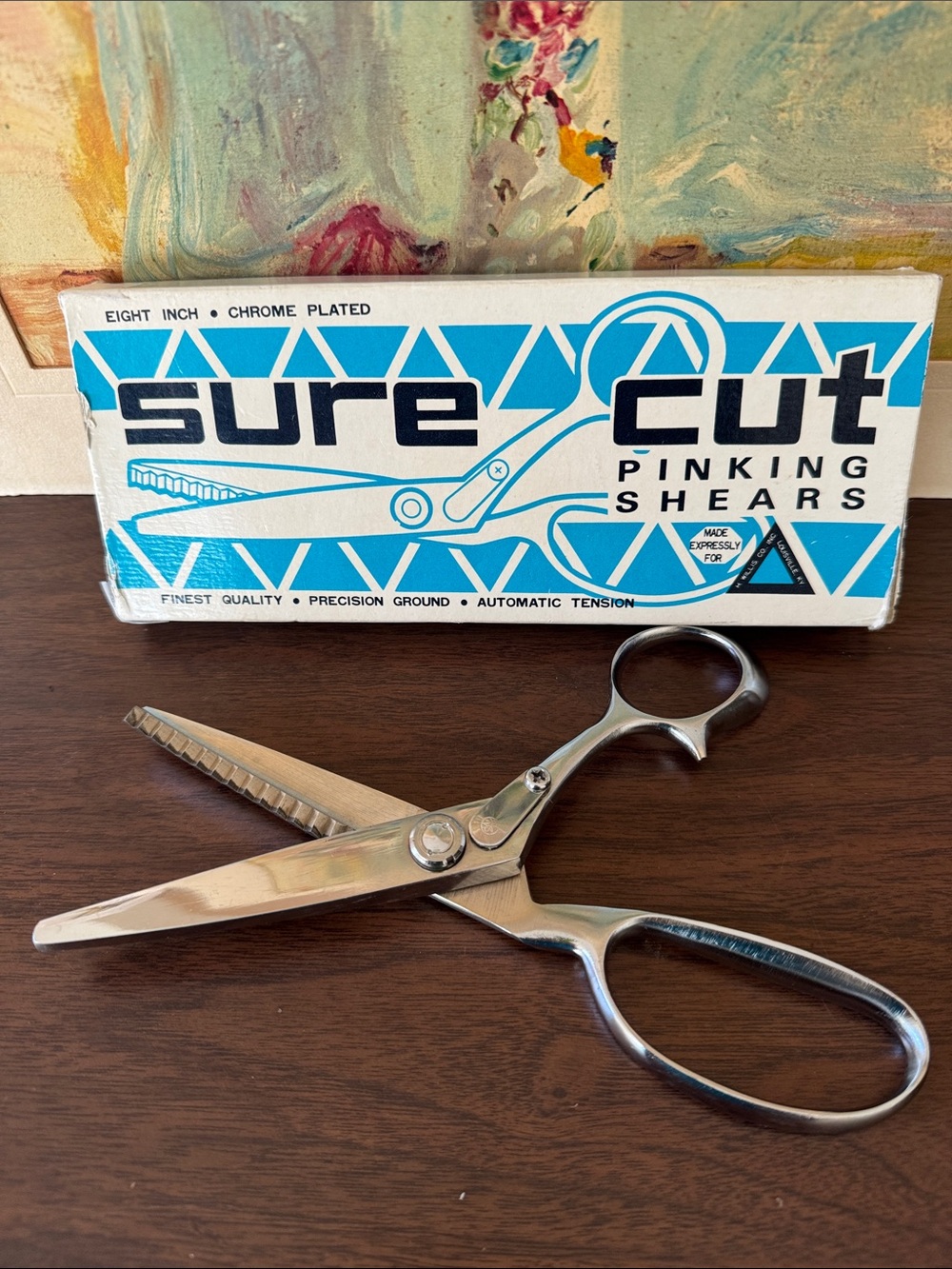 Vintage Sure Cut 8" Pinking Shears Sewing Scissors Chrome Plated w/ Box